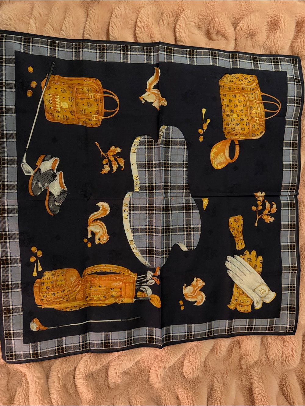 MCM Black Silk Scarf with Gold and Tan Golf Bag Motif